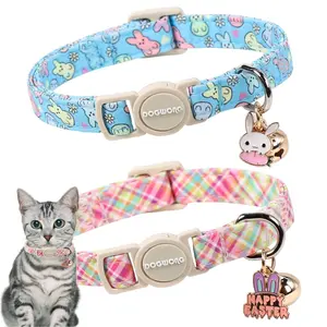 DOGWONG 2 Pack Easter Cat Collars, Adjustable Plaid Rabbit Print Kitten Breakaway Collar with Bell for Cute Girl Boy Cats