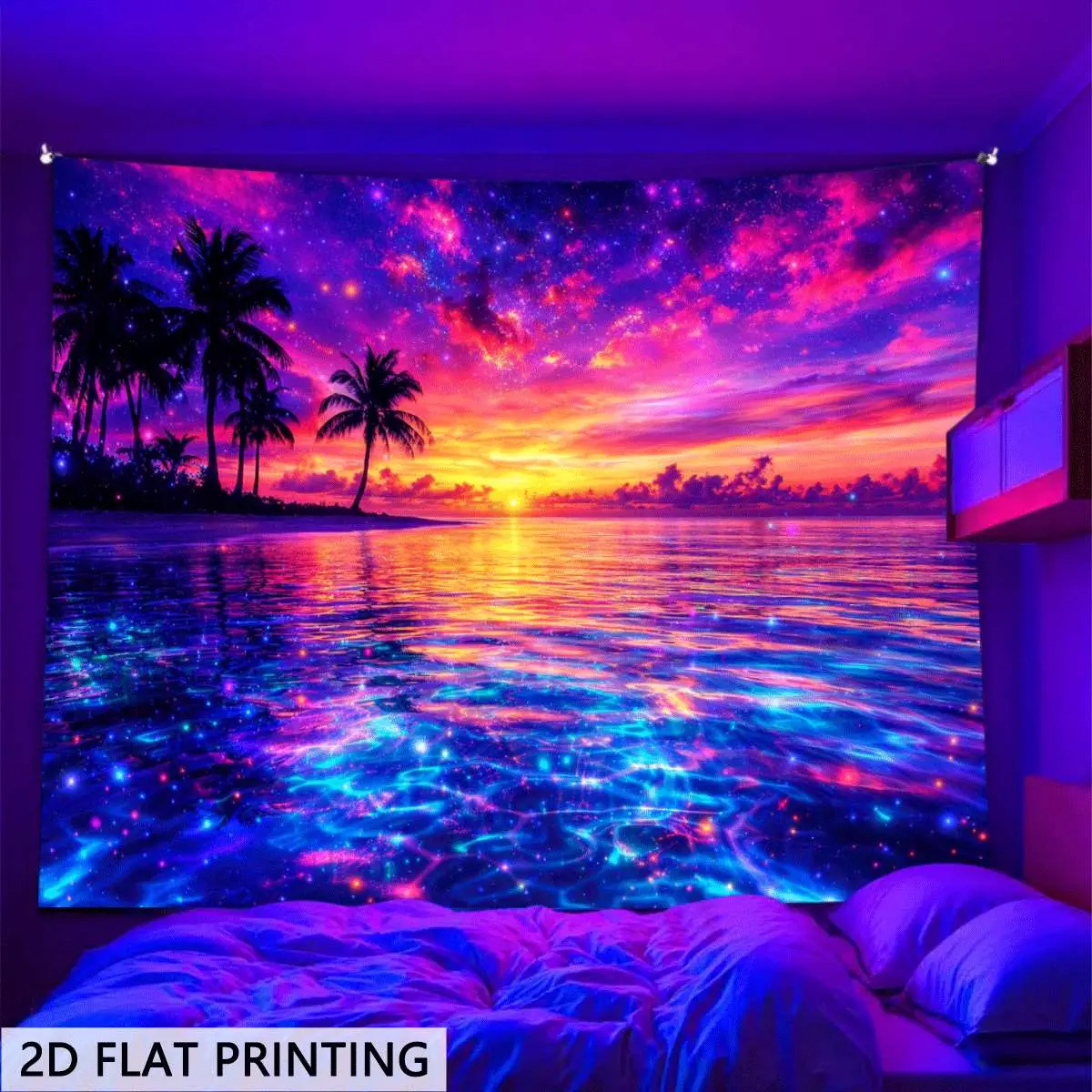 2d Flat, 2d Flat Blacklight Glow in The Dark Tapestry, Neon Sunset on The Beach with Palm Trees Design, Wall Hanging for Bedrooms, Living Rooms, and Offices. Game Room Decor, Festive and Party Decor, College Dorm Decor, 2d Flat