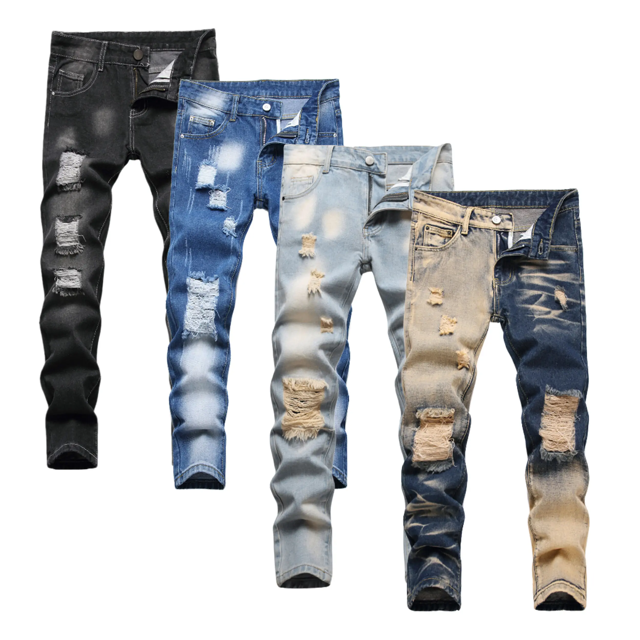 Boys' Skinny Fit Casual Hole Jeans, 5-16 Yrs Poly-Cotton Distressed Print Ripped Destroyed Kids' Denim Bottoms, Hole Skinny Jeans, Ripped Cut, Leg Jeans