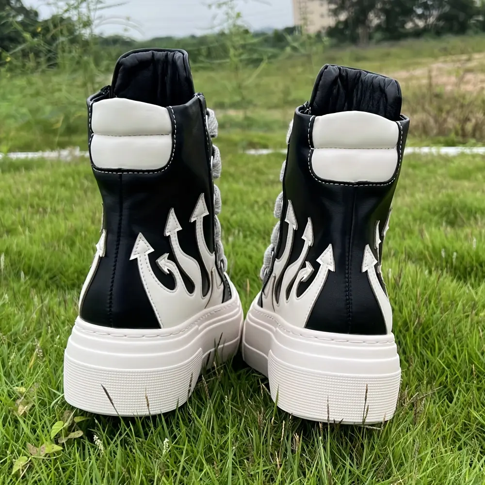 Unisex Vintage High-Top Streetwear Sneakers - Flame Embroidery, Lace-Up Fit, PU Upper, Lightweight Water-Resistant Rubber(TPE-TPR) Platform Sole, Casual Wear Trainers, Man-Made Microfiber Materials, Streetwear Shoes