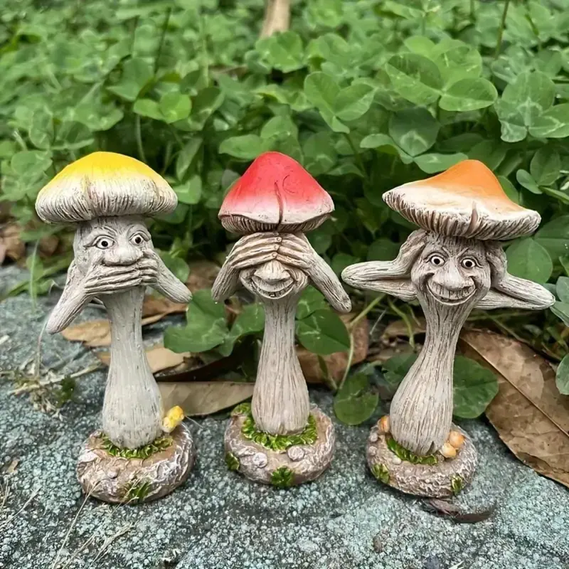 Set of 3 Fantasy Mushroom Figurines, Resin Sculptures Garden Decorations for Patio Yard Lawn Porch, Unique Home Gift Indoor Outdoor Use, Exterior Decorative Statues