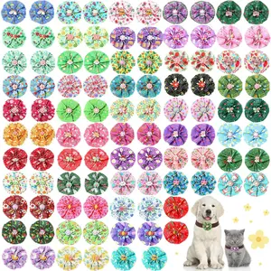 Sweetude 100 Pcs Spring Dog Collar Flowers Charms Bulk Pet Flower Collar Bow Ties Holiday Dog Accessories Grooming Supplies Puppy Bows Slides Attachment for Small Medium Large Dogs Cat