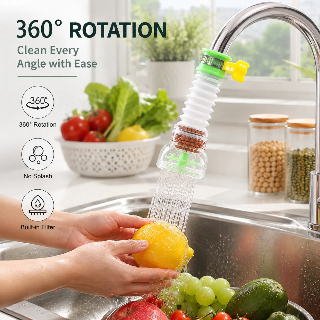 1 Count 360 Degree Rotatable Faucet Water Filter Sprayer, Stretchable Splash-Proof Nozzle for Kitchen Sink Washing Dishes Fruits Vegetables