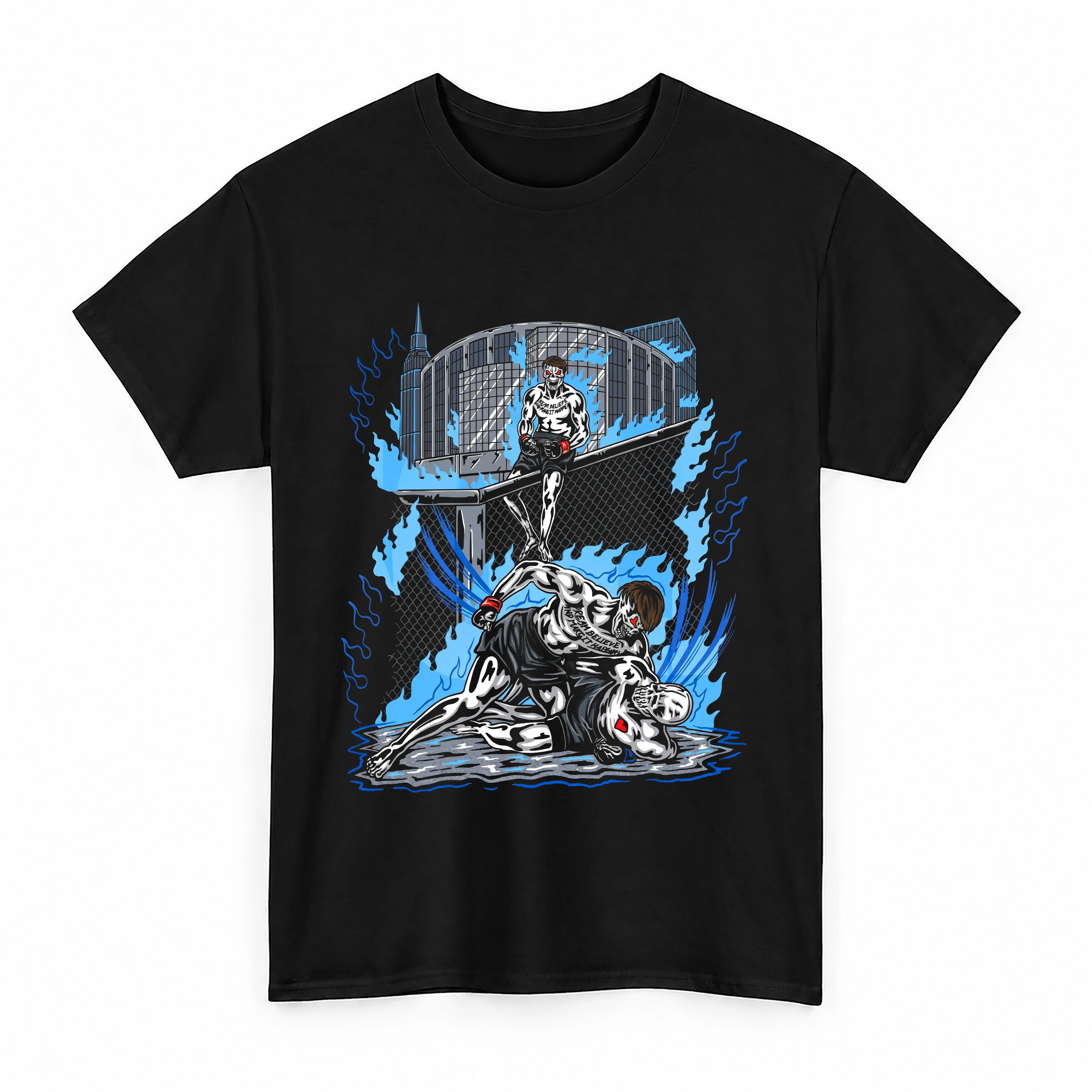Combat Martial Arts Fighter Graphic Tee Blue Flame Cage Wrestling T-Shirt