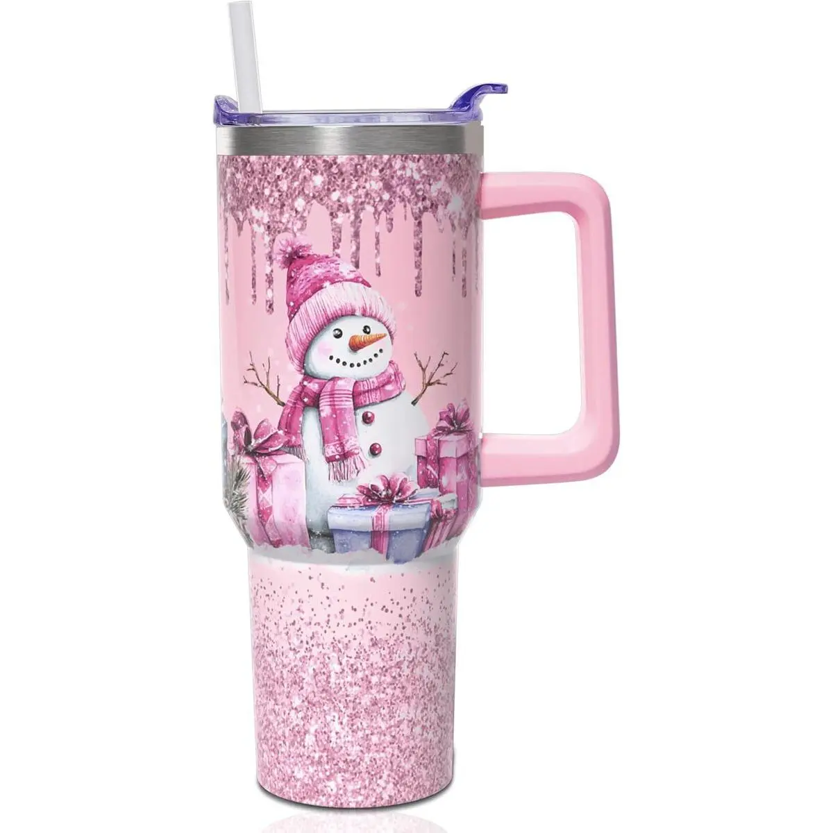Women's 40oz (1,000-2,000 ml) Reusable Stainless Steel Vacuum Double Wall Christmas Snowman Tumbler - Portable Pink Water Bottle, Coffee Mug with Handle, Straw, Leak-Proof Lid, Car Cup Holder Fit, Christmas Gift, Keeps Drinks Cold For 16 Hours