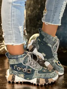 Women's Thick Sole High Top Dad Trainer Sneaker Shoes, Rhinestone Embroidered Unique Design, Hand-Embedded Rhinestones Fashion Luxury Casual Women's Shoes, Rubber