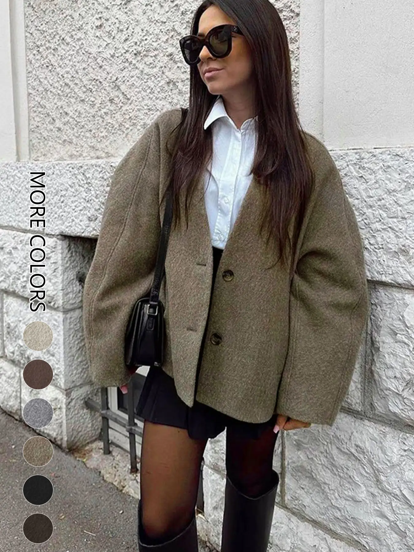 Women's Solid Button Front Pocket Woolen Coat Jackets, Casual Long Sleeve Deep V Neck Outerwear for Fall & Winter, Women's Clothing for Everyday Wear
