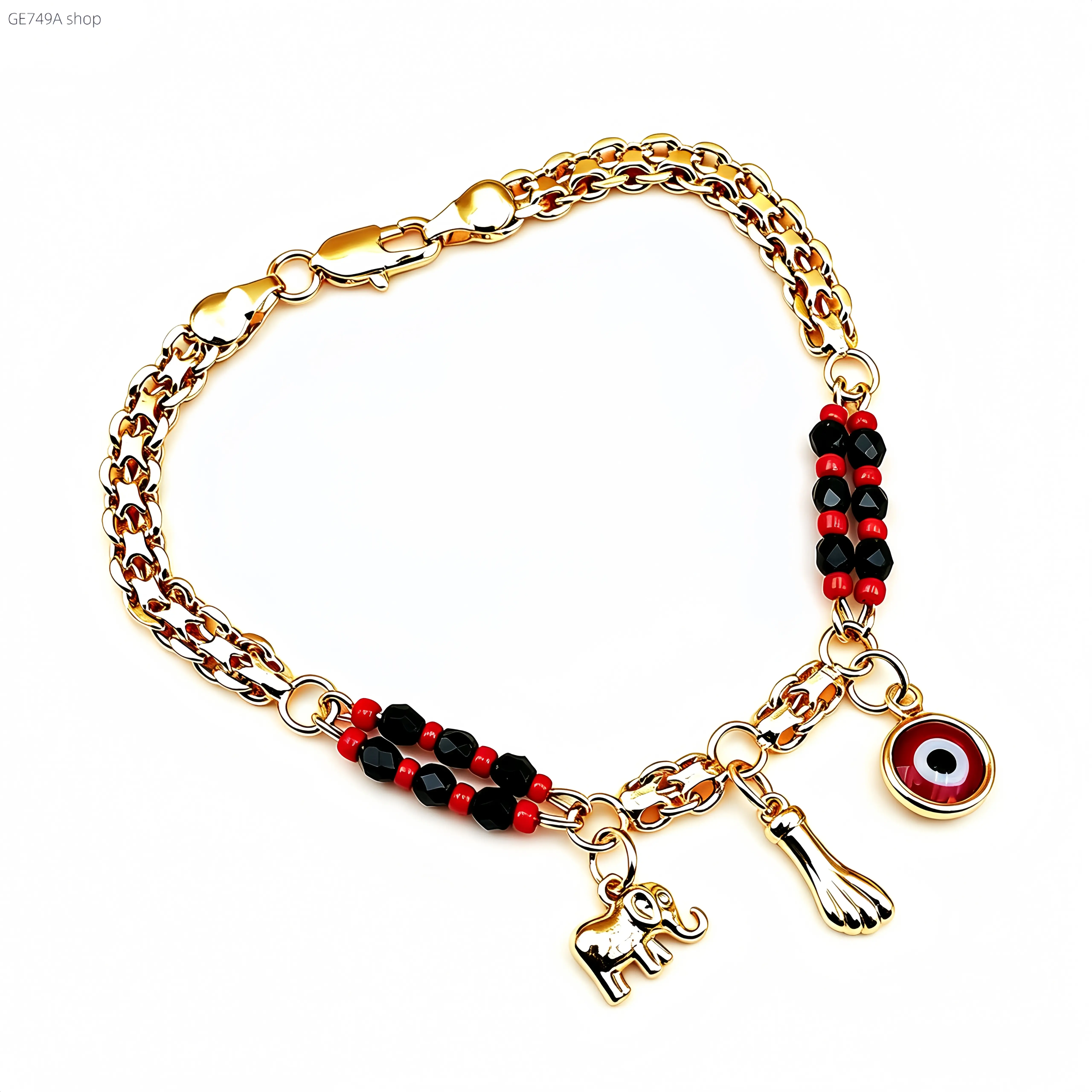 Handcrafted Unisex Evil Eye & Elephant Bracelet Jewelry - 7.5 in Plated Brass Protective Charms, Adjustable Fashion Accessory, Stylish Daily Wear & Meaningful Gift