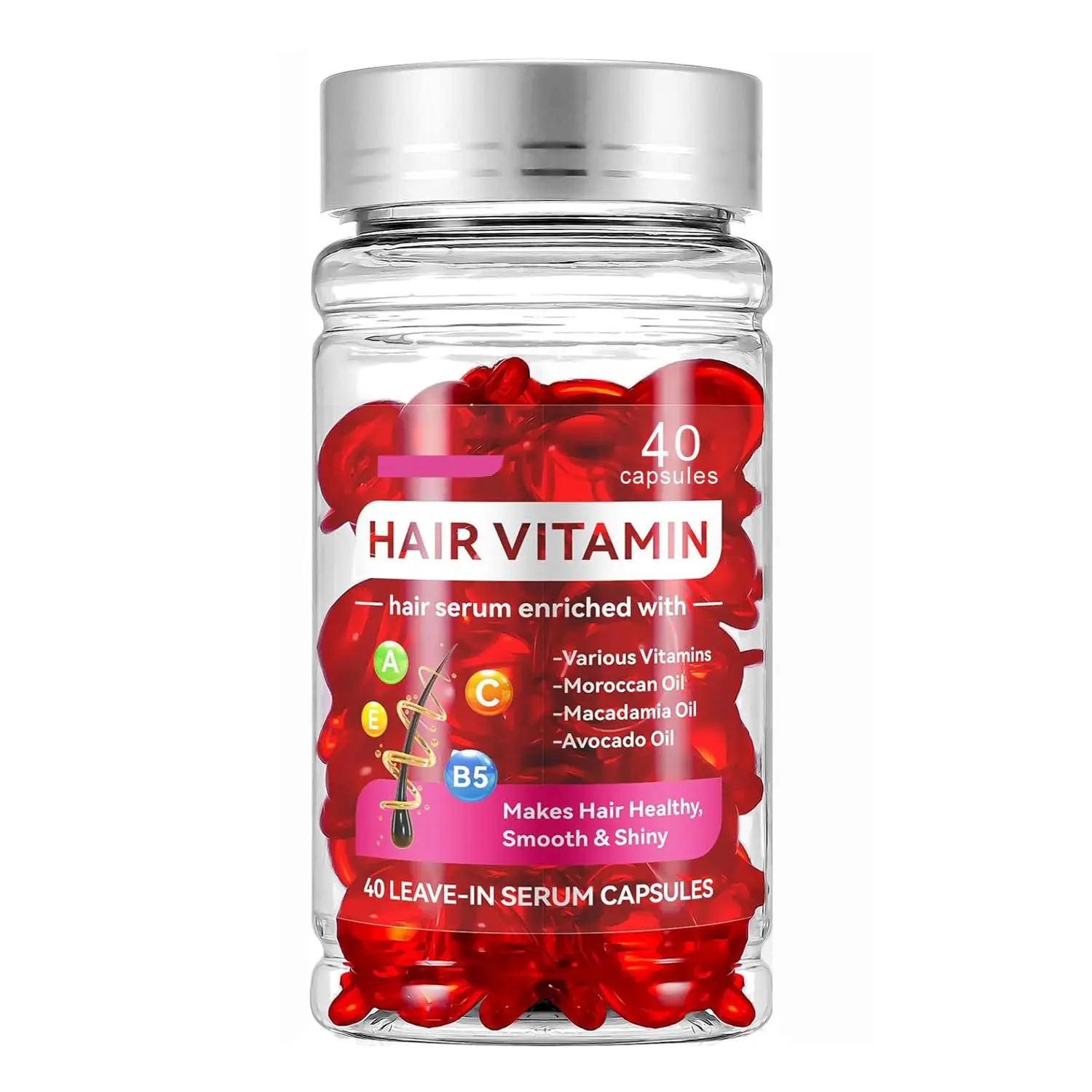 (No-Rinse) Hair Treatment Serum Capsules (40-Count) with Vitamins A,C,E,Pro B5, Argan, Avocado & Moroccan Oils for Frizzy,Dry Damaged Locks - All Types for Women & Men
