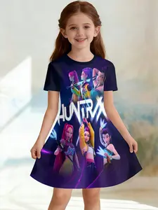 Girls' 3D Short Sleeve Dress Huntrax, Battle Girl Squad Full Print, Perfect for Parties, Festive Gifts, Birthday Presents