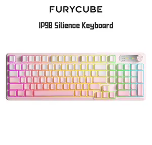 FURYCUBE IP98 Wired Wireless Silent Membrane Keyboard with Rotary Knob RGB Lighting Dual-Color PBT Keycaps Affordable Gaming Keyboard and PC Accessories for Gaming Room Decor and Office Setup