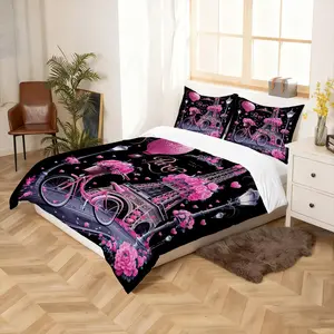 2/3pcs Paris Romantic Themed Duvet Cover Set, Black Color Scheme Combined With Rose Pink Bedding Set, Girly and Vintage Themed Bedrooms and Guesthouses.,Soft and Perfect! Includes 1 or 2 Pillowcases - Fillers Not Included/Zipper Closure, Comfy Bed Sets