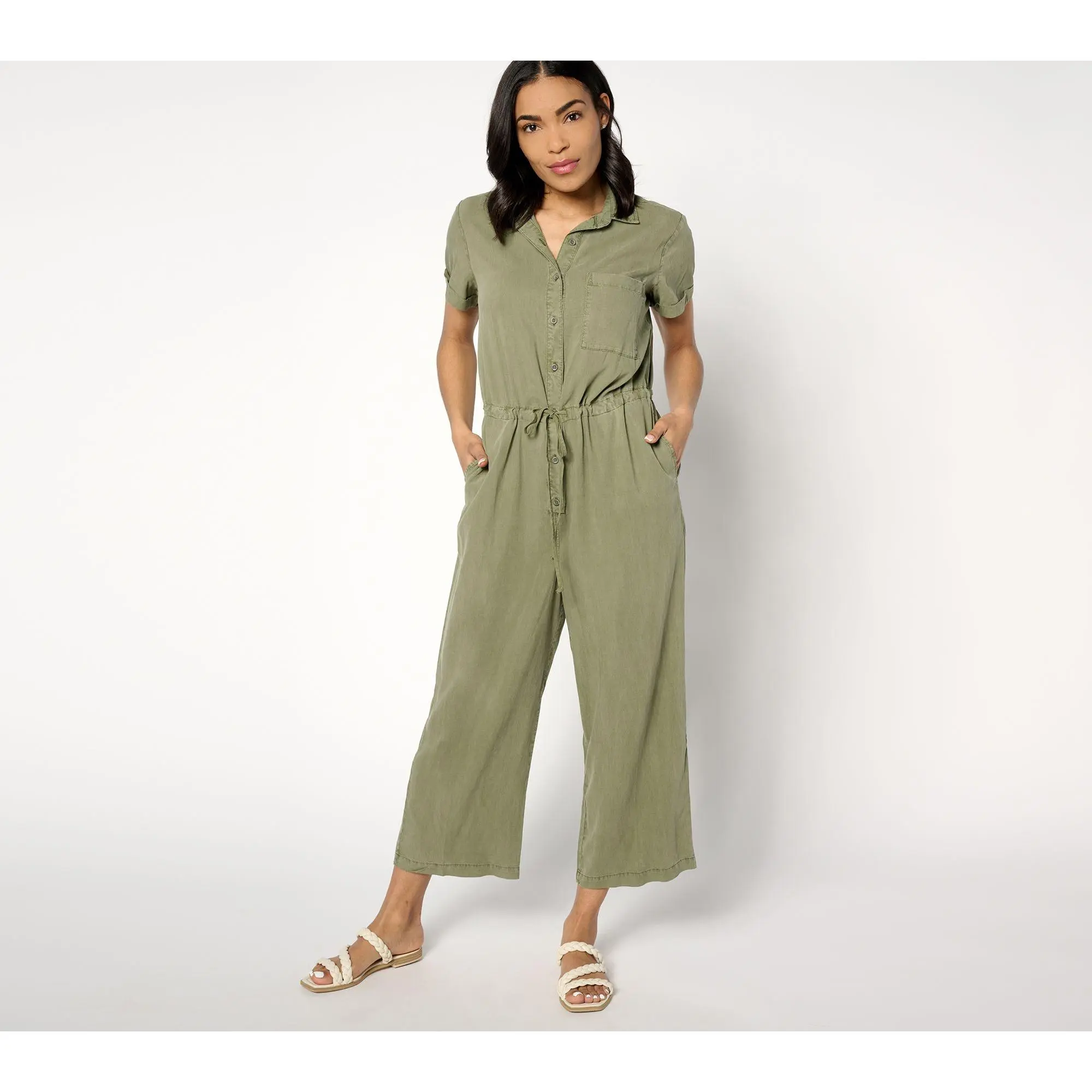 Side Stitch Short-Sleeve Wide-Leg Jumpsuit