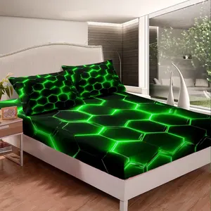 Feelyou Honeycomb Bright Artistic Microfiber Fitted Sheet - Hexagonal Geometry, Green Neon Hexagon Design, Chic Comfy Twin/Full Size Bedding Accessory, Microfiber Bed Sheets, Bedding Accessories