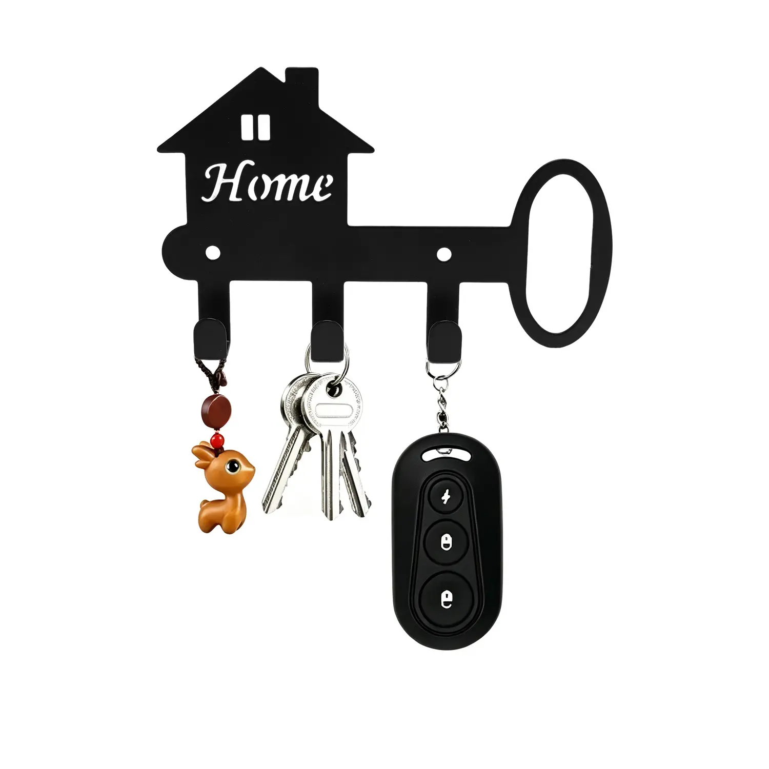 House & Key Shaped Metal Key Hook Rack with 3 Hooks, Matte Black Wall Mount Key Holder with Home Letter Print, Decorative Entryway Wall Organizer for Keys Hats Small Accessories