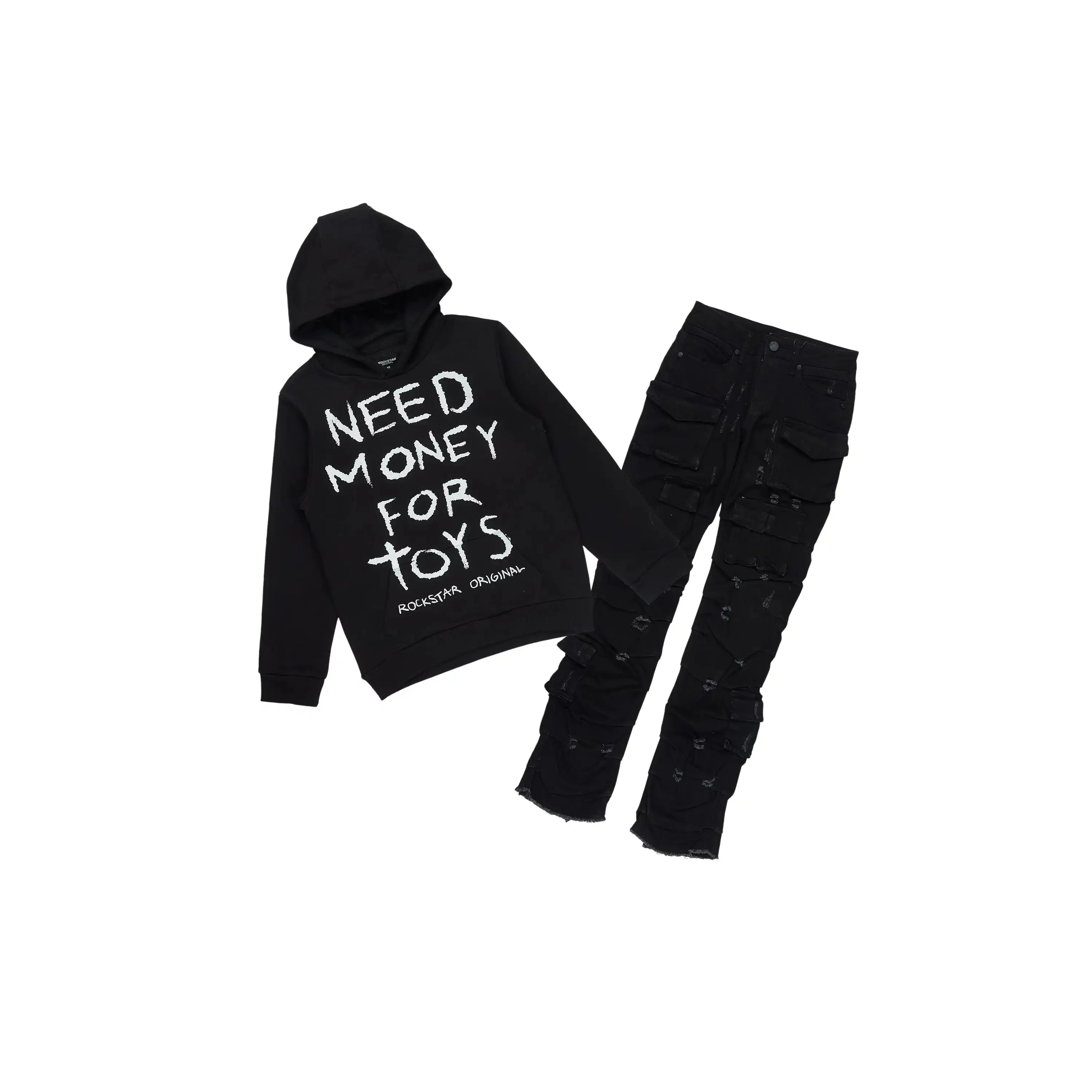 Boys M4 Toys Black Hoodie Stacked Jean Set