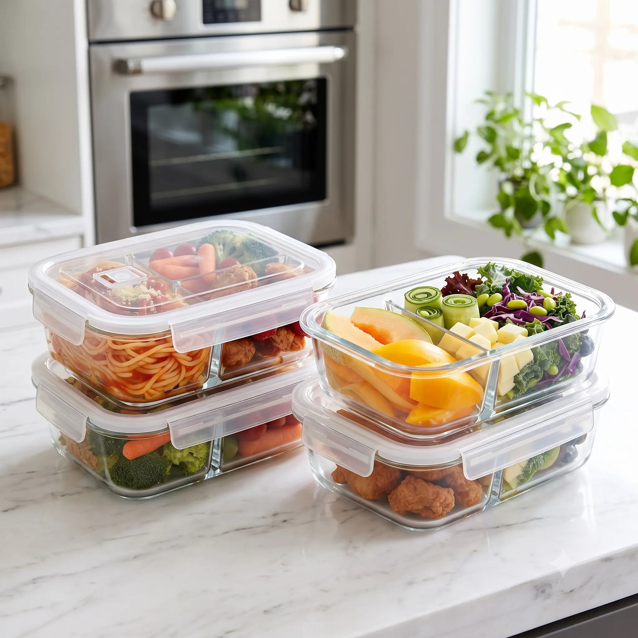 4-Piece Premium Glass Food Storage Set – BPA-Free Meal Prep Containers with 2 & 3 Compartment Lunch Boxes, Airtight Lids, Microwave & Oven Safe