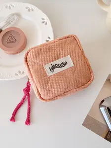 Korean Style Plaid Square Makeup Bag, Small Portable Makeup Pouch with Strap, Student Earphone Coin Organizer, Compact Storage Case