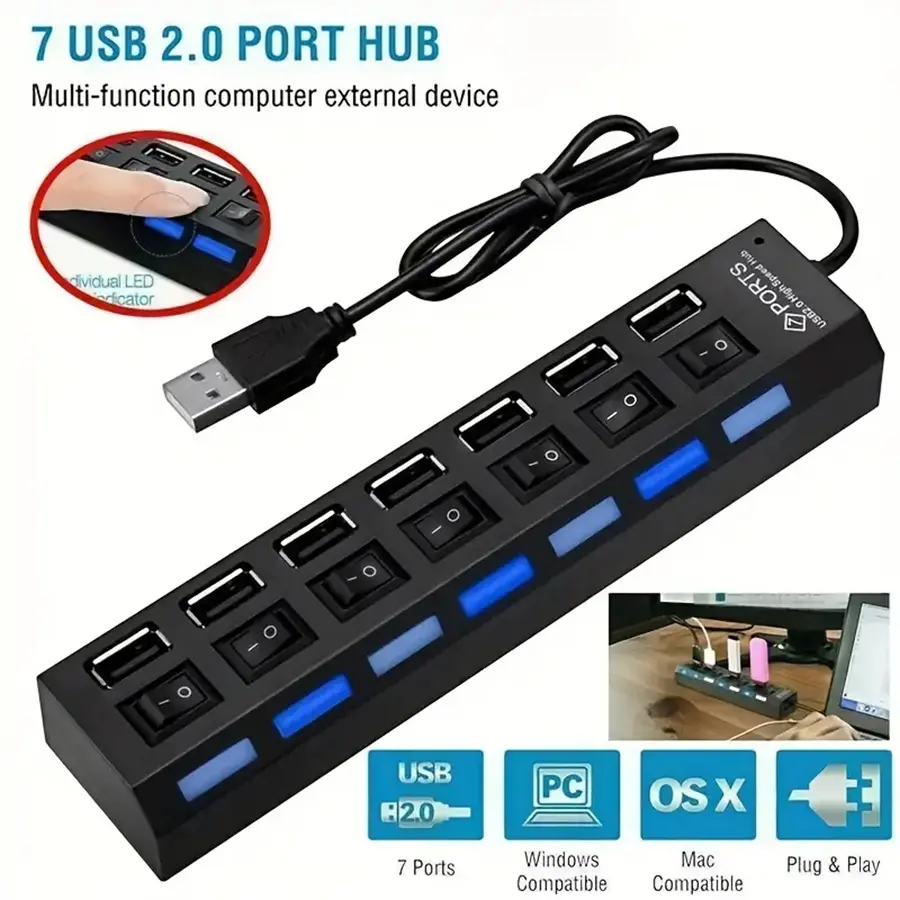 4-Port and 7-Port USB Extender Hub with USB Extension and Independent Switch for USB Drives, External Storage, Keyboard, Mouse and Charging, Enhanced Safety Features, USB Port Gadget