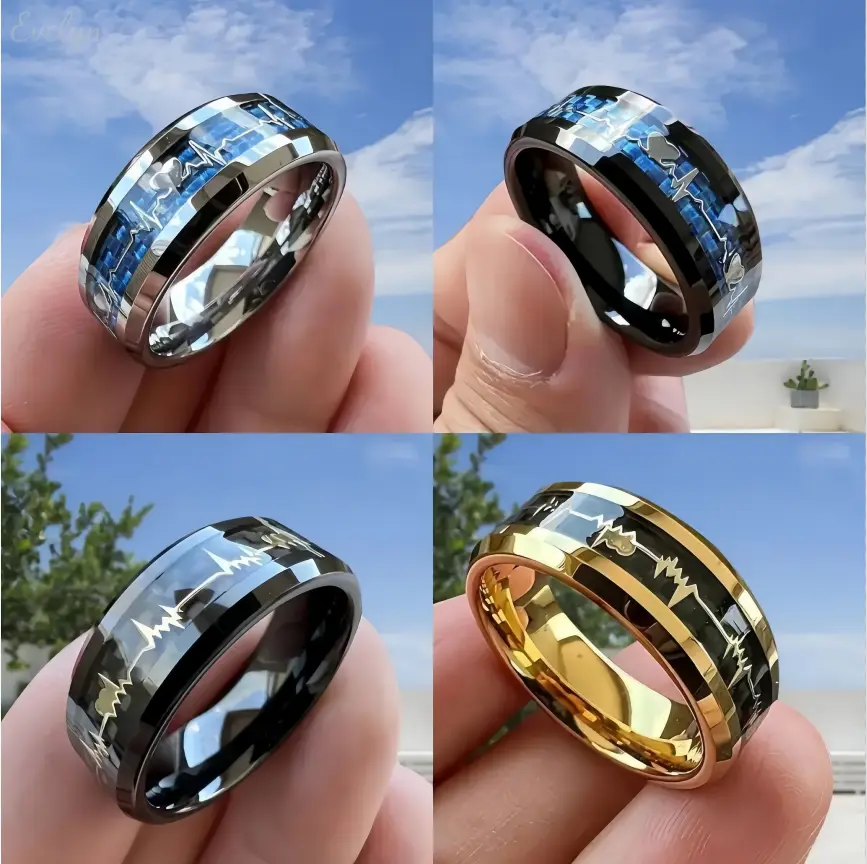 Polished Tungsten Heartbeat ECG Band Ring, Carbon Fiber Inlay Promise Jewelry, Multi‑Color Comfort‑Fit Ring for Men & WomenPolished Tungsten Heartbeat ECG Band Ring, Carbon Fiber Inlay Promise Jewelry, Multi‑Color Comfort‑Fit Ring for Men & Women