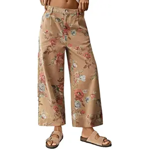 Wide Leg Cropped Jeans for Women Trendy Mid Rise Floral Print Boho Casual Denim Ankle Pants