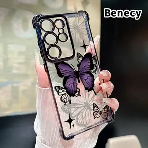 Phone Case Compatible with Samsung Galaxy S26 S23 Ultra S24 Plus S25 S22+ FE Edge Mysterious Purple Butterfly Pattern Four Corners Reinforced Shockproof Transparent Soft Silicone Cover