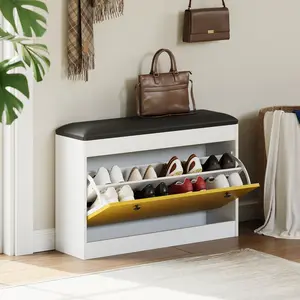 Modern Shoe Storage Bench with Flip Drawer and Soft PU Cushion, Tipping Bucket Shoe Rack Design, Multifunctional Entryway Cabinet Bench for Hallway and Bedroom