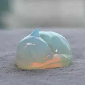 Sofia Opalite Crystal Cat Statue Handcrafted Clear Blue Crystal Sleeping Kitten Mineral Specimen Home Desk Decoration Ornaments