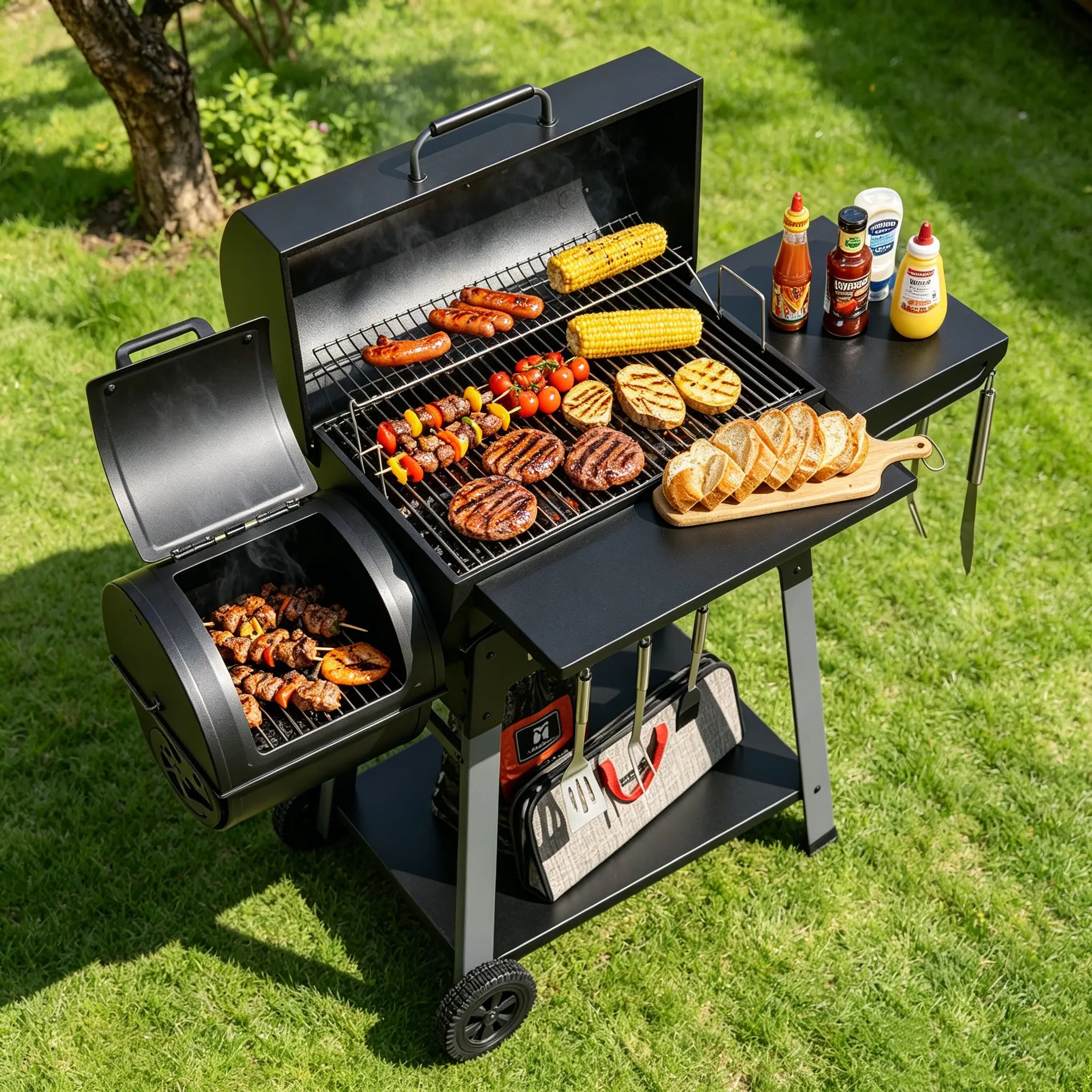 Royal Gourmet Barrel Charcoal Grill with Offset Smoker, 824 Sq. In. Large BBQ Pit, Front Shelf + Side Shelf with Hooks & Bottom Shelf, Heavy Duty Outdoor Smoker with Blow-Molded Wheels, Frame Tool Hooks, Perfect for Backyard Cooking, Black