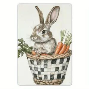 Vintage Bunny Basket Metal Sign, 1pc 8"x12" 2D Metal Home Decor Plaque, Charming Rabbit Theme Easter Gift for Home Supplies