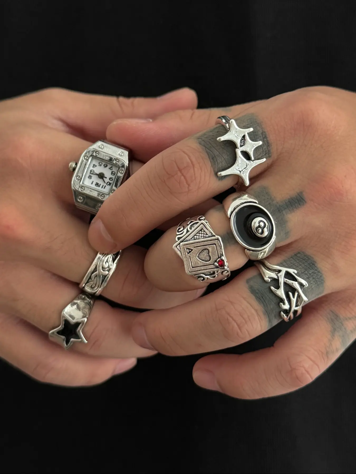 Men's Zinc Alloy Ring Set, Statement Multi Ring, Casual Fashion Jewelry for All Seasons, Plain Pattern Design, Creative Simple Style, 7-Piece Gift Box Included, Metal Rings