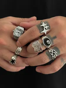 Men's Zinc Alloy Ring Set, Statement Multi Ring, Casual Fashion Jewelry for All Seasons, Plain Pattern Design, Creative Simple Style, 7-Piece Gift Box Included