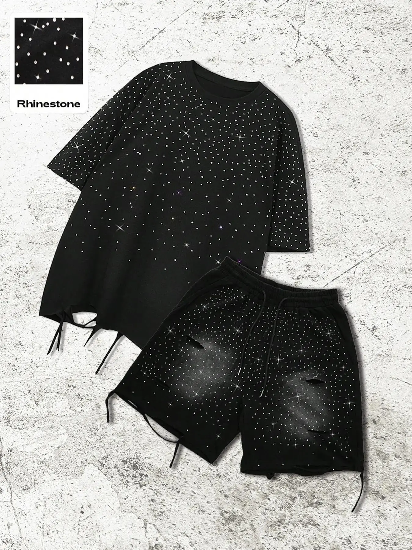 Men's casual Fitted Plain Round Neck T-shirt and shorts outfit set, featuring rhinestone embellishments, distressed details and Hole, perfect for stylish aesthetic streetwear in all seasons. Menswear