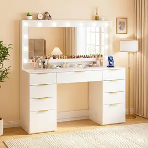 Vanity Desk with Large Mirror and Lights, 45.3in Makeup Vanity with Power Outlet 9 Drawers & Storage, 3 Lighting Color Adjustable, White Vanity Desk for Bedroom