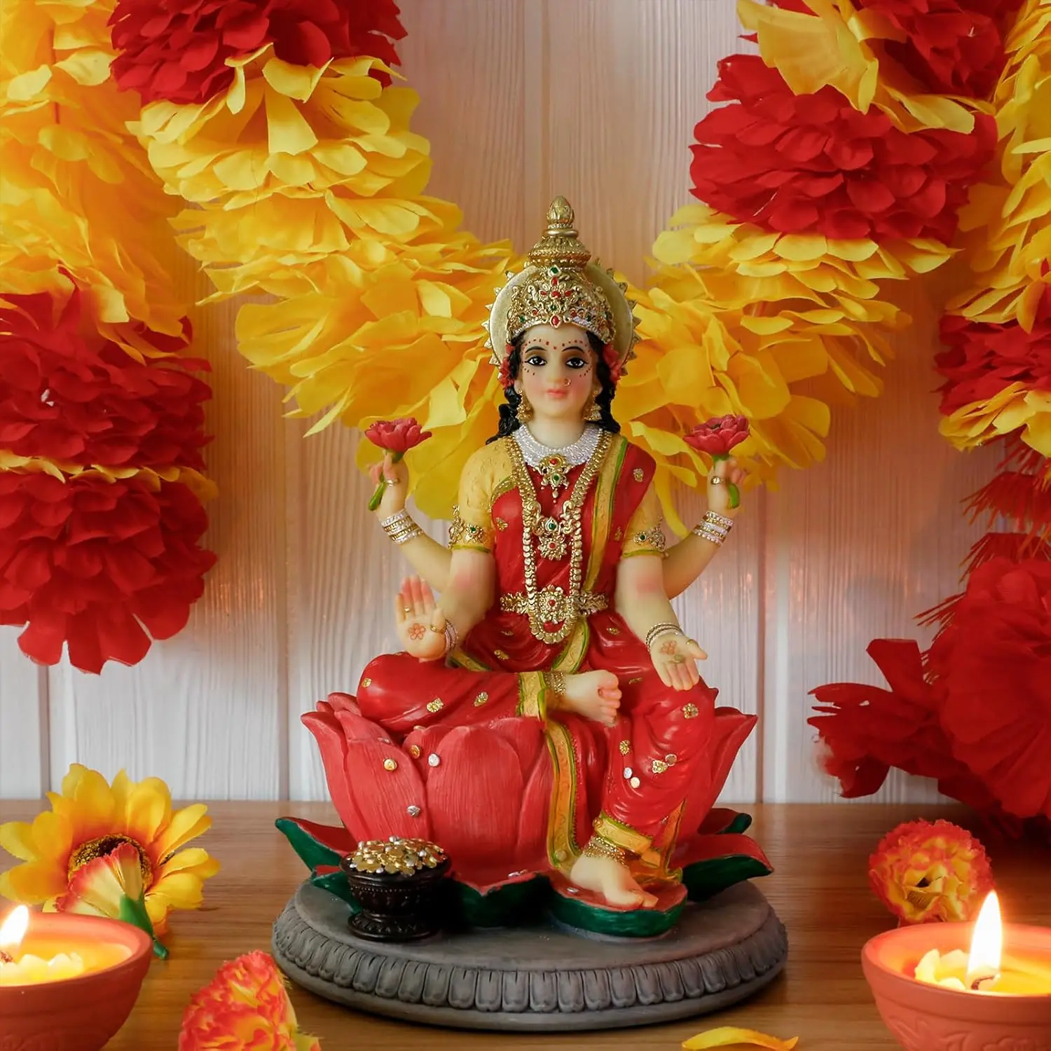 alikiki Indian Gift Goddess Laxmi Statue - 8.9”H Hindu Idol Lakshmi Sculpture Diwali Gift for Indian Pooja Item Decoration Indian Home Office Mandir Temple Altar Puja Housewarming Wedding