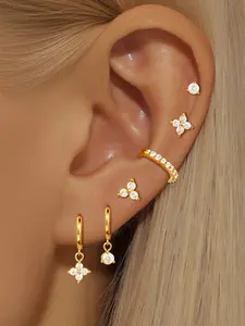 6Pcs Lovely 24K Gold Plated Cubic Zirconia Hoop Earrings Set For Women Zircon Stud Earrings Pack Flower Drop Dangle Earrings Stack