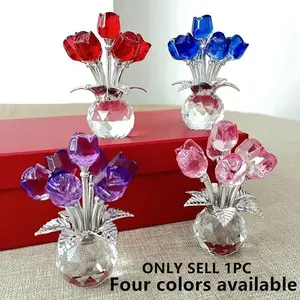 Elegant Crystal Glass Rose Figurine, Artificial Crystal Decorated, Home Decor Ornament, Romantic Gift for Any Occasion, Ideal for Festival