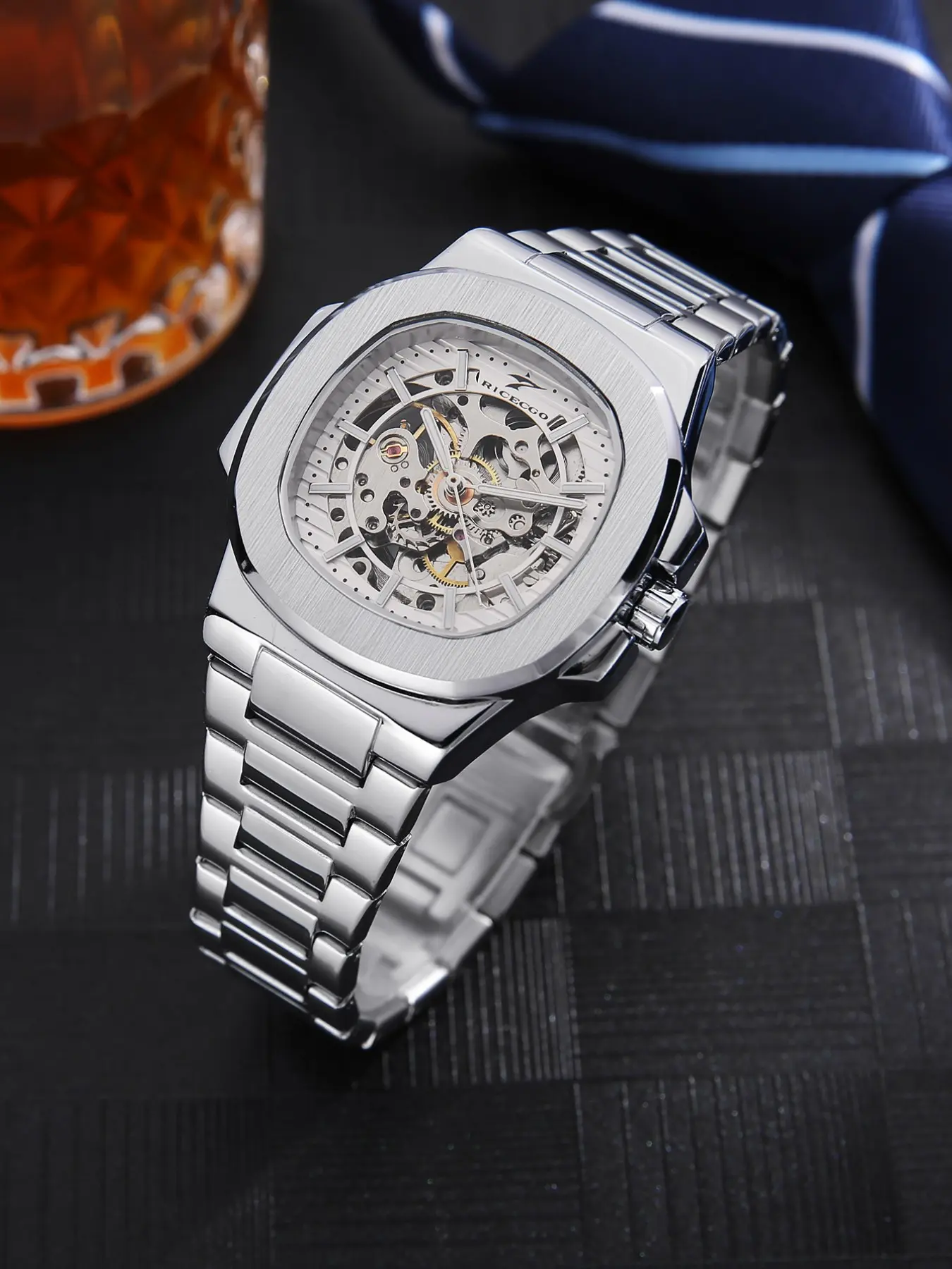 RICECGO Men's Mechanical Watch, Analog Watch, Mechanical Style Watches, Mechanical Wristwatches, Mechanical movement, stainless steel bracelet, open-back dial timepiece