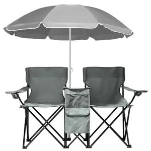 High Capacity Outdoor Camping Chair 4 in 1 Set with Umbrella Table and Beverage Rack 1.4 Gallon Storage Foldabe Double Seat 9lbs grey