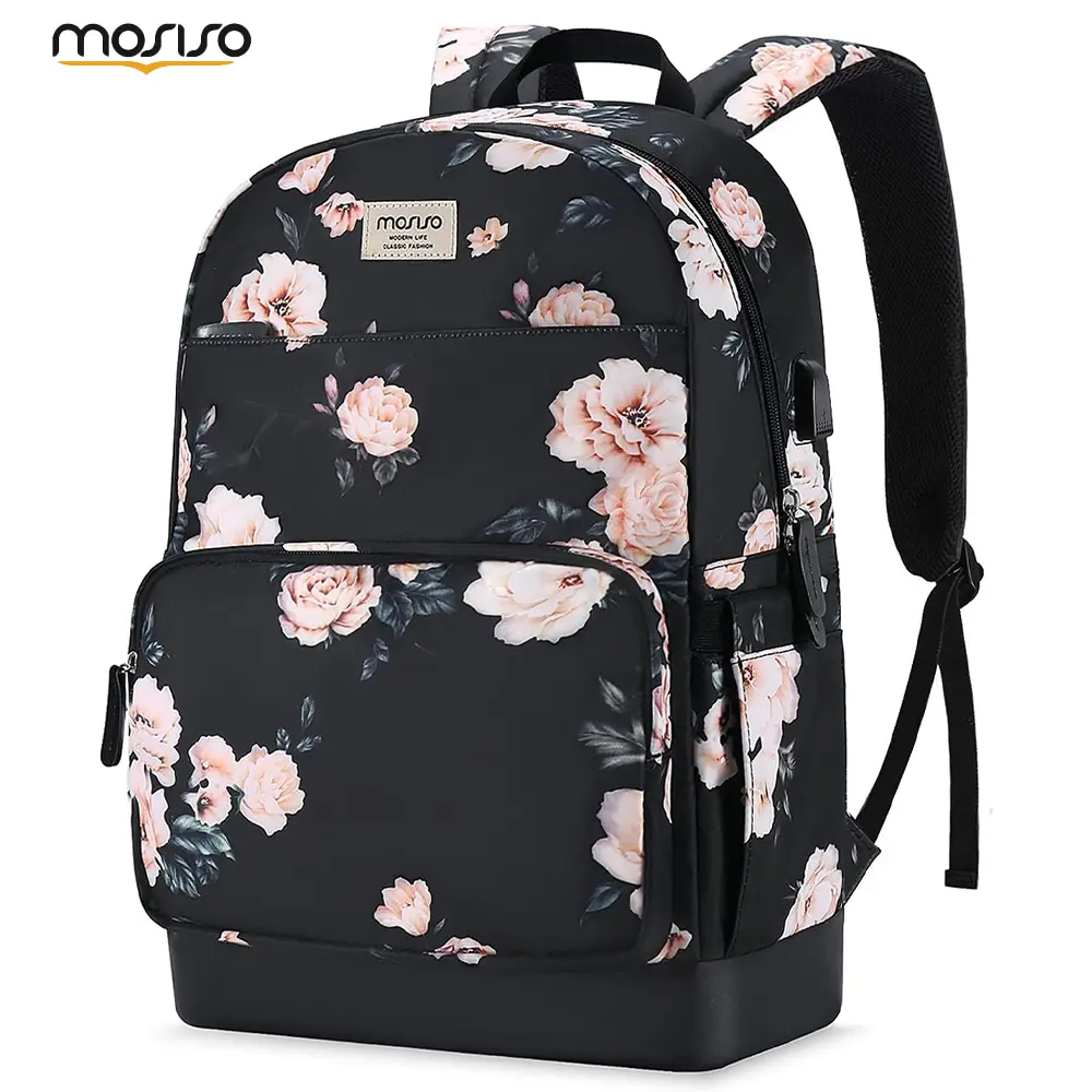 MOSISO Floral Polyester Backpack for Adults, Chic Casual Multi-pocket Laptop Bag with USB Port for Campus Life, Fits 15.6-16 Inch Laptops, Flowers, Casual Chic, Back To School Haul, First Day Of School, Backpacks For School