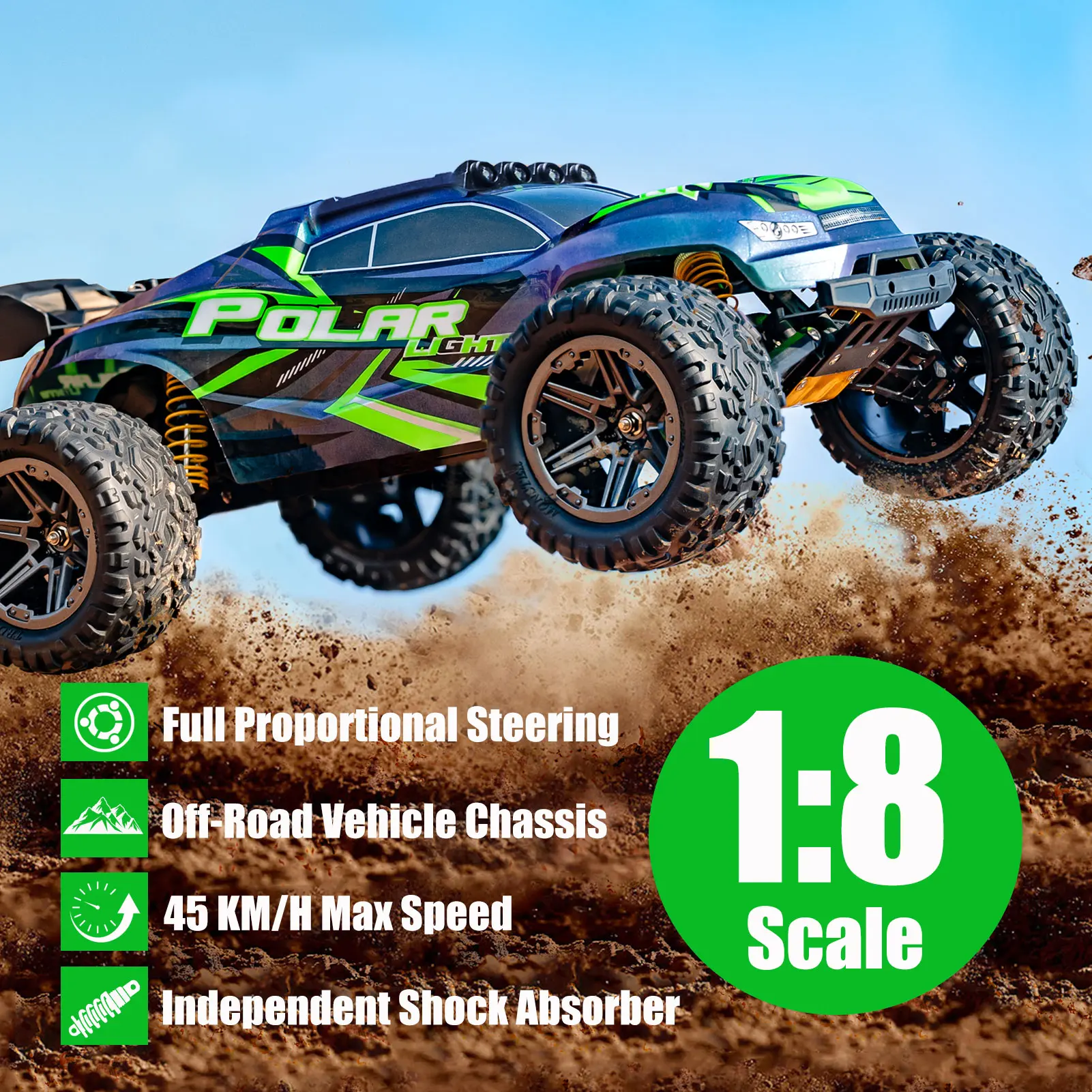 1:8 Scale High-Speed Off-Road RC Racing Truck, 45KM/H All-Terrain Electric RC Hobby Car for Adult Boys, 2.4Ghz Remote Control, LED Lights, 1 Rechargeable 2600mAh Battery, Birthday Christmas Gifts
