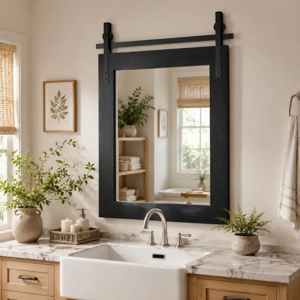 Littleox Farmhouse Bathroom Mirror, 18"x26" Rustic Wood Framed Wall Mounted Mirror, Black Vintage Vanity Mirror Barn Door Style Decrative Mirrors
