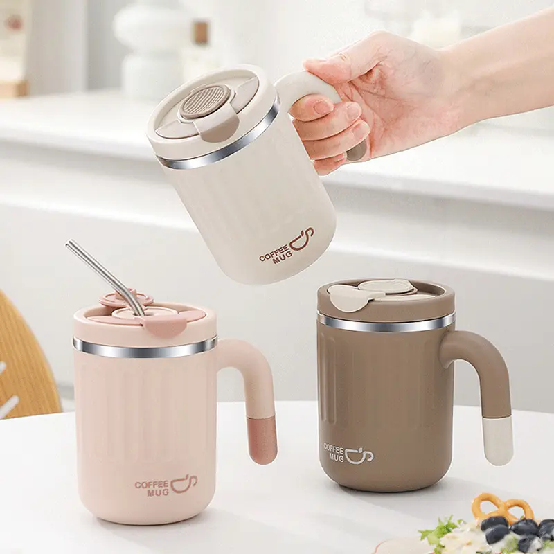 480ML Coffee Vacuum Flask, 1 Count Stainless Steel Insulated Water Bottle with Straw & Lid, Portable Drinking Cup for Home Office Outdoor Camping, Stainless Steel Thermos