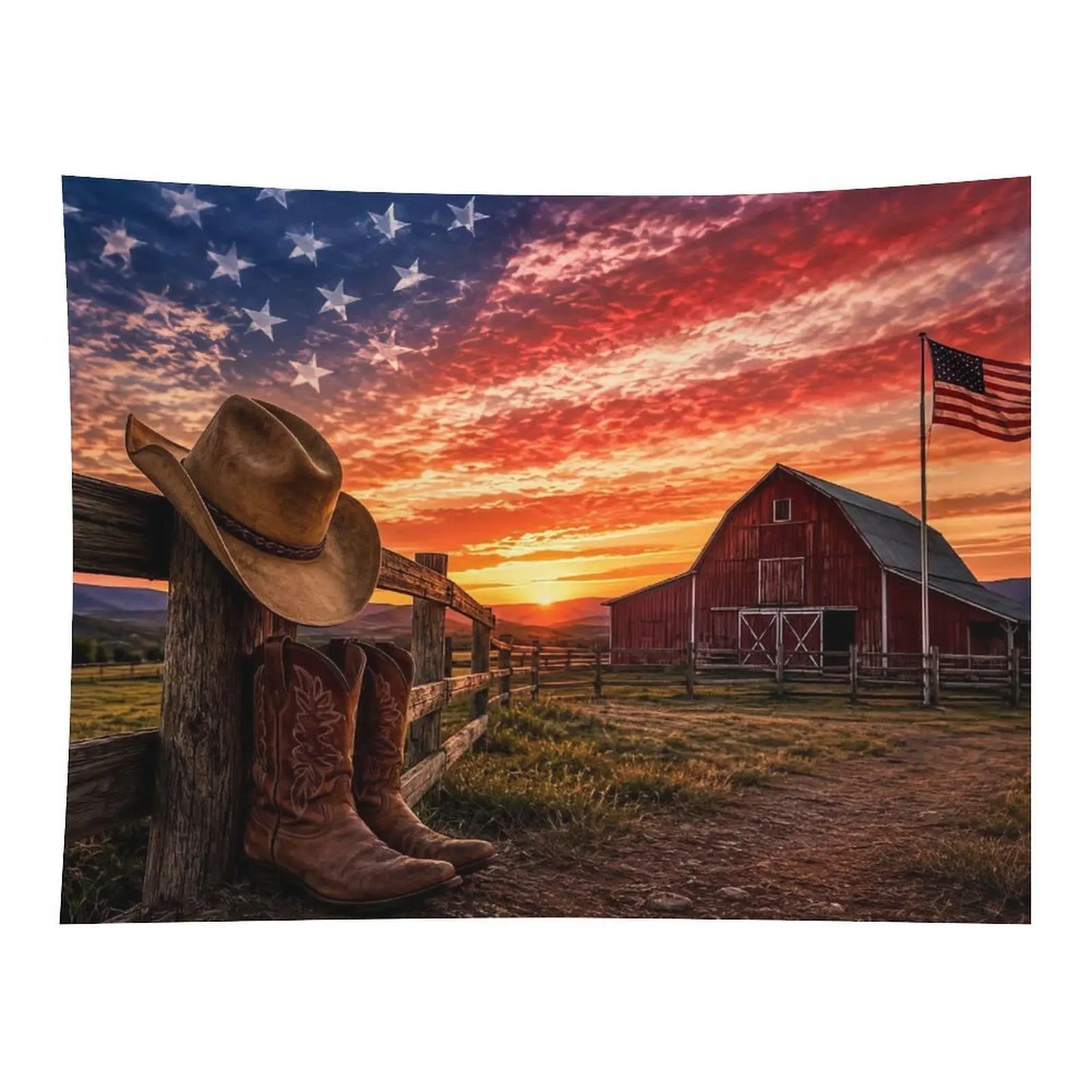 Western Sunset Red Barn Cowboy Boots American Flag Ranch Country Wall Tapestry Wall Hanging, Rustic USA Farm Wild West Landscape Decor for Cowboy Farmhouse Bedroom Ornament