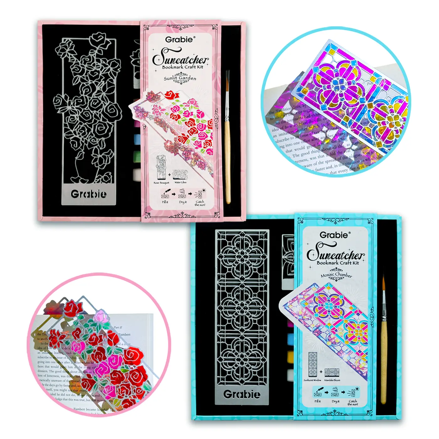 Grabie Impressionist Suncatcher Bookmark Craft Kit - 2-Pack Elegant Glass Paint Kit (5 Tubes) with Colorful Reflections, Themed Sets, Relaxing Creation, Handmade Inserts, Mosaic Chamber, Book Lover Gifts for Desks Office Stationery Art Supply