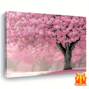 1pc Elegant Cherry Blossom Tree Canvas Art Print, Pink Floral Peach Tree Wall Decor, Classic Pine Wood Framed Painting for Living Room, Bedroom, Home Office - Ideal Gift for Her, Home Decor