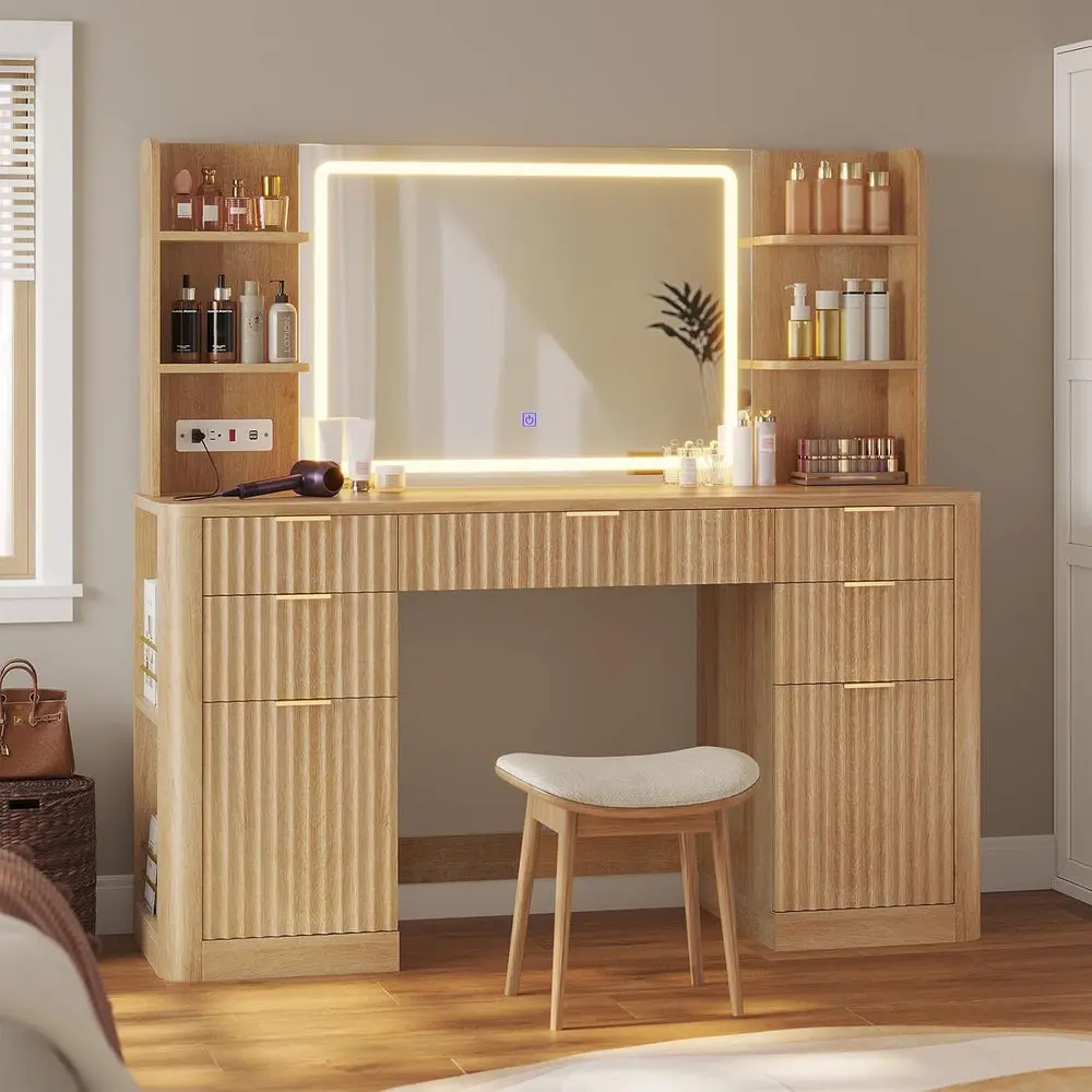 Sikaic 51.2" Fluted Makeup Vanity Desk with LED Mirror & Lights, Modern Vanity Table with 5 Drawers, 2 Cabinets, 6 Storage Shelves & Power Outlet, Solid Wood Legs Dressing Table for Bedroom, Home Furniture, Dorm Essentials [tiktokshopbacktoschool]