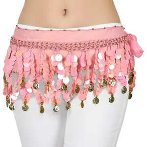 Belly Dance Hip Scarf with 128 Gold Coins, Women's Sequins Tassel Wrap Genie Skirt for Bellydance Gypsy Costume