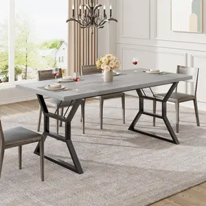 71 Inch Dining Table for 6-8 People, Farmhouse Rectangular Kitchen Table with Heavy-Duty x-Shaped Metal Legs, Wooden Table for Big Family Dining Room, Gray Visit the SLEKVERSA Store
