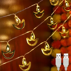 2 Strings 20pcs Metal Diwali Diya String Lights - Warm White USB LED Electric Diya Lights for Diwali Gifts, Mandir, Altar, Shrine Pooja Decor - Reusable Hindu Festival Wedding Puja Decorations